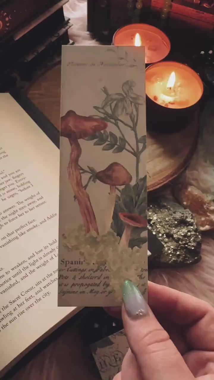 Watercolor Mushroomcore Bookmark, Handmade Dark Cottagecore  Botanical Mushroom Gift for Reader, Gothic Witchy Herbalist Gift