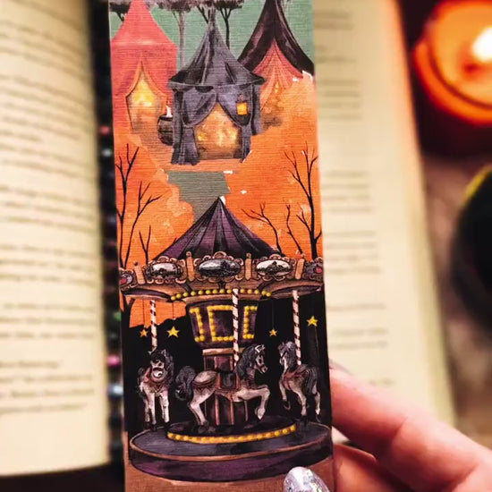 Spooky Carnival Halloween Bookmark, Creepy Carousel Horse Fall Watercolor Gift for Readers, Scary Circus Handmade Bookmark Set