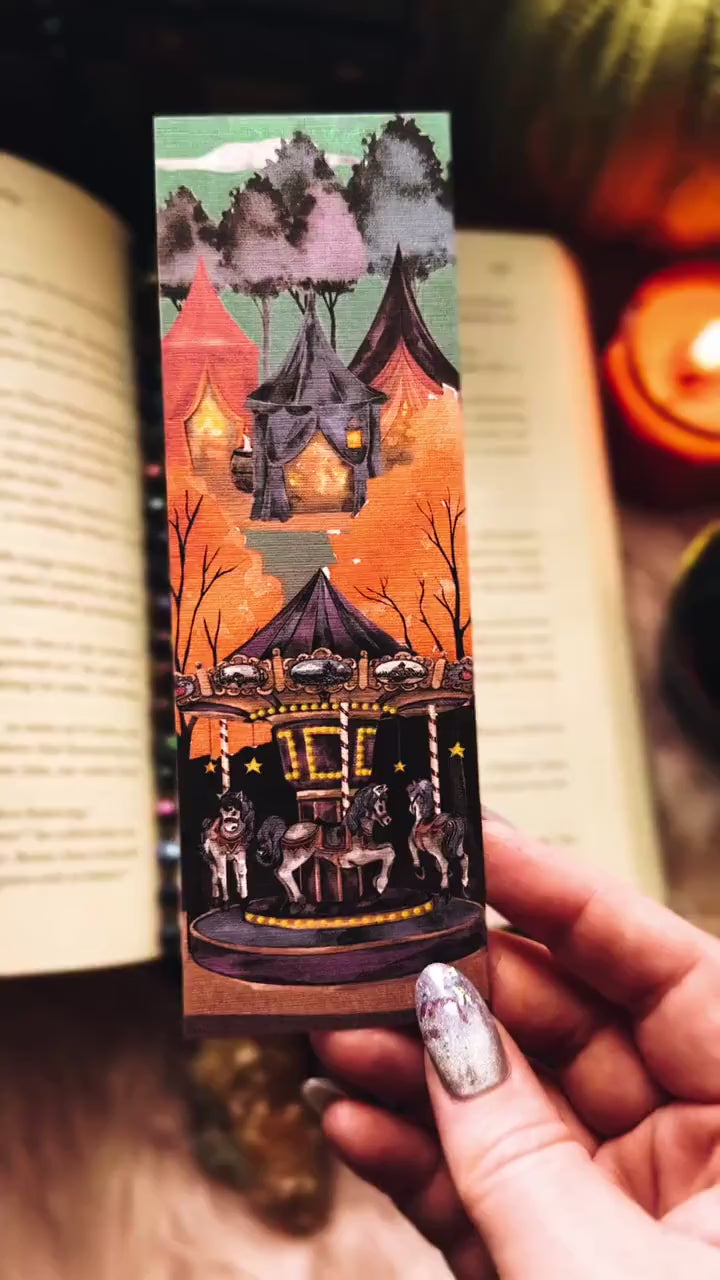 Spooky Carnival Halloween Bookmark, Creepy Carousel Horse Fall Watercolor Gift for Readers, Scary Circus Handmade Bookmark Set