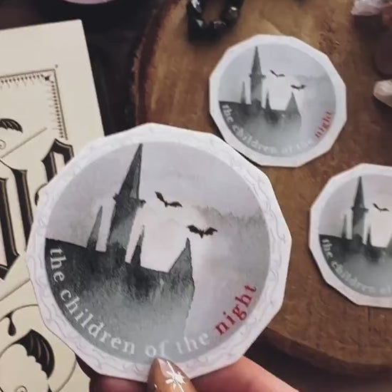 Dracula Vinyl Sticker Children of the Night Quote, Gothic Vampire Sticker with Castle and Bats Flying across the Moon