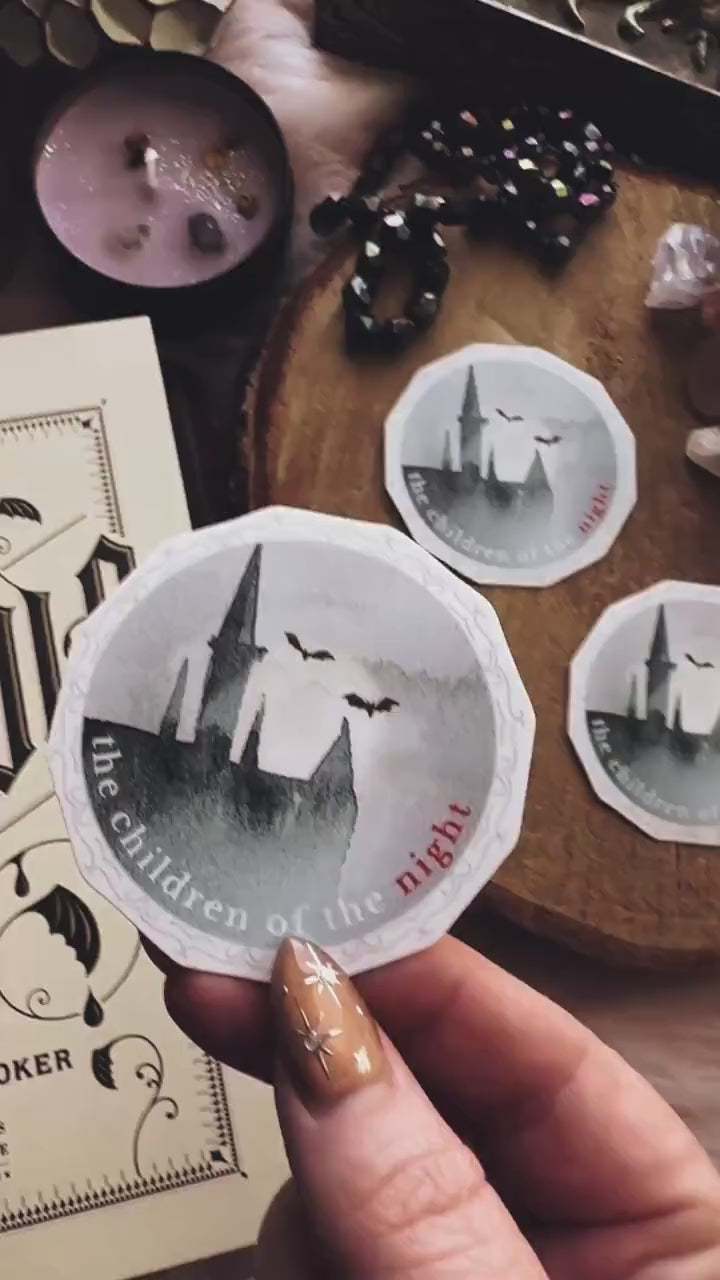 Dracula Vinyl Sticker Children of the Night Quote, Gothic Vampire Sticker with Castle and Bats Flying across the Moon