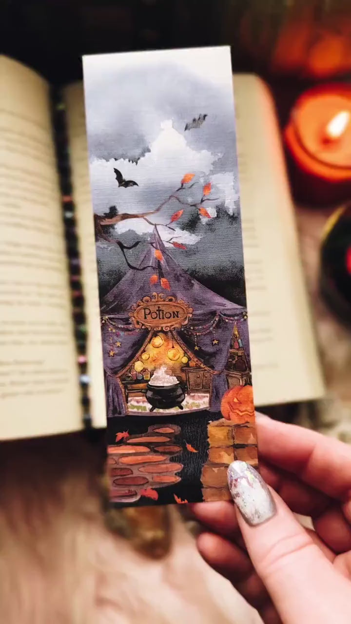 Creepy Potions Halloween Bookmark, Spooky Circus Fall Watercolor Gift for Readers, Scary Carnival Handmade Bookmark Set