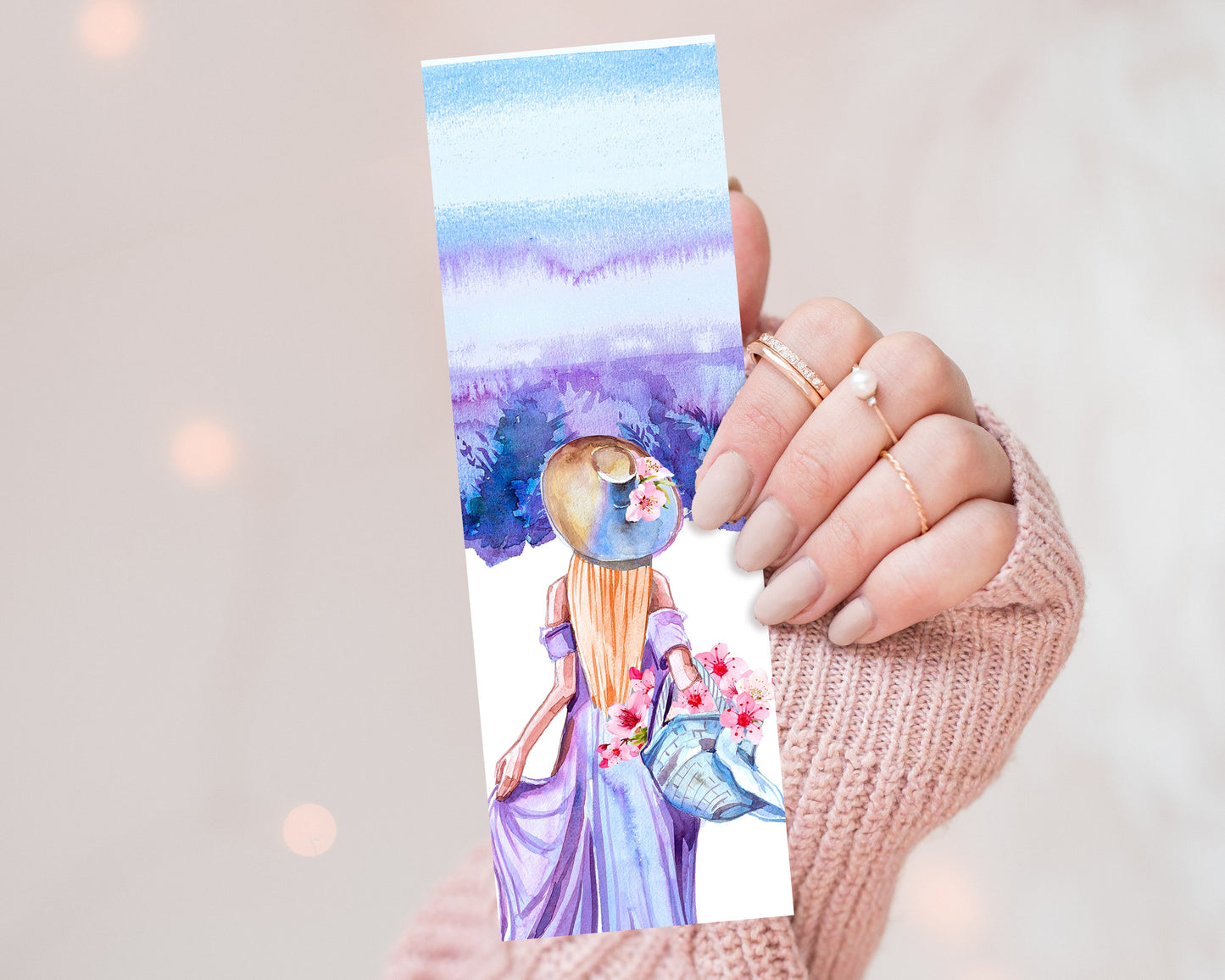 Watercolor Girl Spring Flowers Bookmark