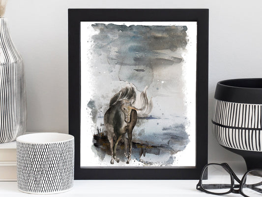Black Faerie Unicorn Watercolor Art Print