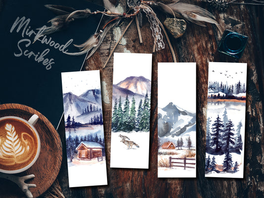 Printable Watercolor Winter Landscape Bookmark Set