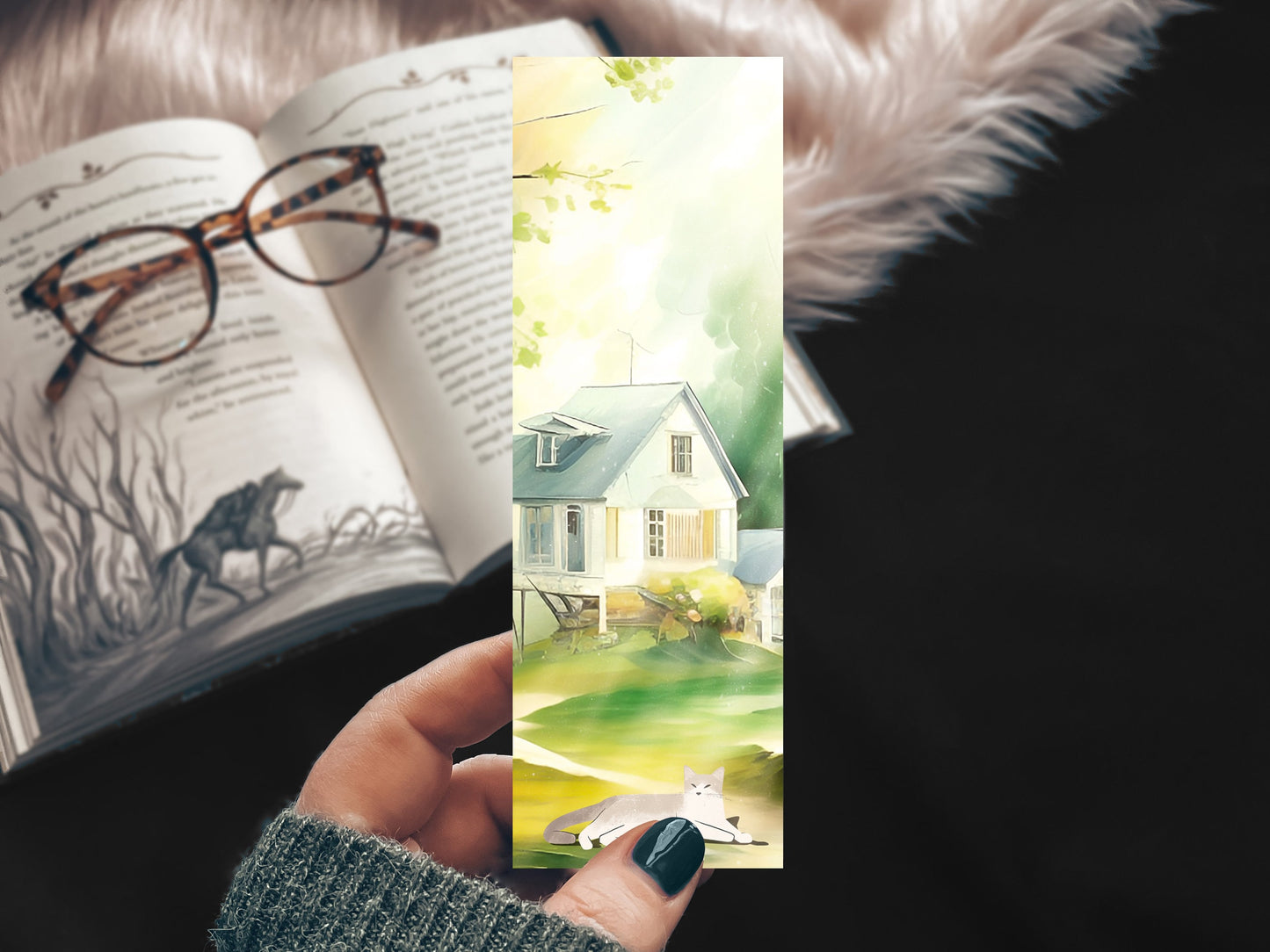 Country Village Gray Cat Watercolor Bookmark