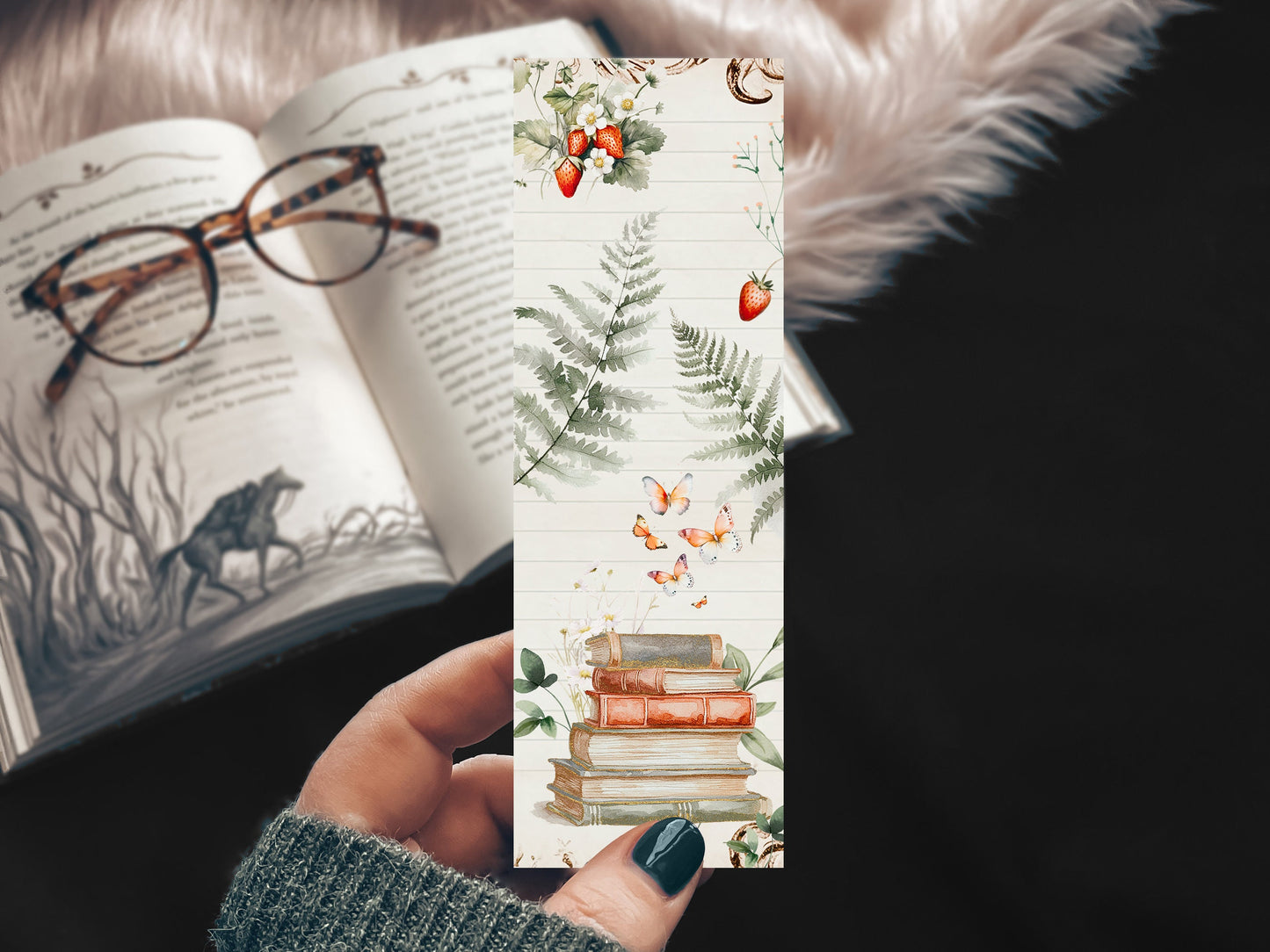 Cottagecore Summer Book Stack with Cozy Wildflowers Watercolor Bookmark